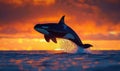 A breaching orca whale captured in mid-air against a vibrant sunset sky Royalty Free Stock Photo