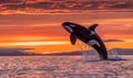 A breaching orca whale captured in mid-air against a vibrant sunset sky Royalty Free Stock Photo