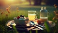 Breackfast on the grass on the background of a meadow. Al generated