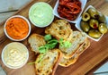 Bread with avocado tomato salsa mint and mayo dip Royalty Free Stock Photo