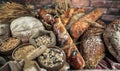 Bread background. Brown and white whole grain loaves wrapped in kraft paper composition on rustic dark wood with wheat ears scatte Royalty Free Stock Photo