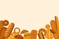 Bread background. Vintage bakery banner with bagels croissants baguette, traditional food assortment, crusty baked