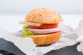 Bread baguette sandwich with ham, cheese, tomatoes and lettuce Royalty Free Stock Photo
