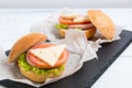 Bread baguette sandwich with ham, cheese, tomatoes and lettuce Royalty Free Stock Photo