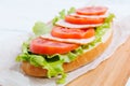 Bread baguette sandwich with ham, tomatoes and lettuce Royalty Free Stock Photo