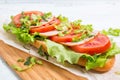 Bread baguette sandwich with ham, tomatoes and lettuce Royalty Free Stock Photo