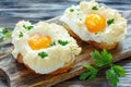 Bread with baked eggs Orsini. Royalty Free Stock Photo