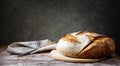 Traditional bread on old wooden table, space for text.