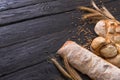 Bread bakery background. Brown and white wheat grain loaves composition Royalty Free Stock Photo