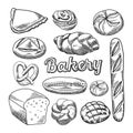 Bread Bakery Food Hand Drawn Doodle. Baguette Bagel Pastry Sketch