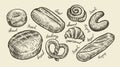 Bread, bakery sketch. Fresh pastry, food, set of hot baked goods. Vintage vector illustration