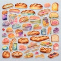 Bread and bakes pastry food stickers, watercolor style, generated by AI