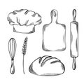 Bread and baking tools. Set from Chef hat with cutting board, rolling pin and whisk. Spikelet and round loaf. Vector Royalty Free Stock Photo