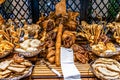 Bread bar station buffet catering, close-up Assortment of fresh pastry on table Pastry buffet set for breakfast in Egypt