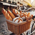 Bread in basket of bicycle on European street