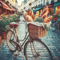 Bread in basket of bicycle on European street