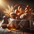 Bread in basket with honey jar and wheat stalks