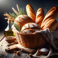 Bread in basket with olive oil and wheat stalks herbs