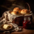 Bread in a basket on a wooden table with butter and jam Royalty Free Stock Photo