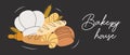 Bread blackboard banner for bakery shop. Bakery shop collection. Wheat bread, pretzel, ciabatta, croissant, french