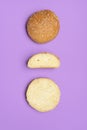 Bread buns isolated on a purple color. Top view of homemade burger buns Royalty Free Stock Photo