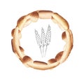 Bread, buns and wheat spikelets in the shape of a wreath on a white background.