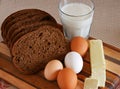 Bread, Butter, Eggs, Milk on a Cutting Board Royalty Free Stock Photo