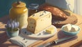 bread with butter and honey, lavender, illustration, rustic still life, dinner, wallpaper