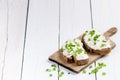 Bread with butter and spread. Concept of healthy breakfast. Spring onion, Vegetables. Wooden white table with copy space Royalty Free Stock Photo