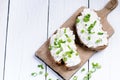 Bread with butter and spread. Concept of healthy breakfast. Spring onion, Vegetables. Wooden white table with copy space Royalty Free Stock Photo