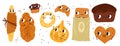 Bread characters. Bakery creatures with funny faces and hands. Happy pastry emoji. Smiling buns and baguette loaves