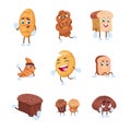 Bread characters. Cartoon cute characters of baguette croissant cookies and bakery pastries, breakfast persons with Royalty Free Stock Photo