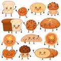 Bread characters. Funny bakery food faces icons, emoji cupcakes, pretzel and biscuit, cookie and loaf, fresh muffin