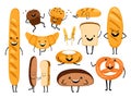 Bread characters. Funny tasty bakery pastries, cartoon happy breads faces character set, kawaii croissant and pastry