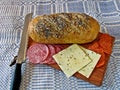 Bread, cheese, and salami Royalty Free Stock Photo