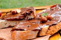 Bread with chocolate cream and hazelnuts outdoor closeup Royalty Free Stock Photo