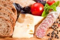 Bread ciabatta, salami, cheese, tomato and basil Royalty Free Stock Photo