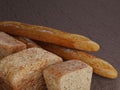 Bread closeup composition traditional baguette and loaf bakery product