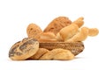 Bread composition of various rolls in a basket on white Royalty Free Stock Photo