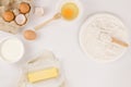 Bread concept a stick of butter, a small bowl of raw egg, a plate of flour with a wooden spatula on it being on the light Royalty Free Stock Photo