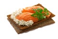 Bread crisp with salmon, soft cheese and chervil Royalty Free Stock Photo