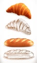 Bread. Croissant, loaf. 3d realism and engraving styles. Vector illustration