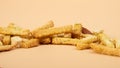 bread croutons closeup, beer snacks on beige background