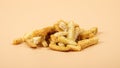 bread croutons closeup, beer snacks on beige background