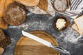 Bread and cutting board with knife Royalty Free Stock Photo