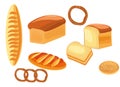 Bread. Different types of bread - bread, loaf, bagel, bun, baguette. Royalty Free Stock Photo