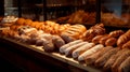 bread display in a bakery with a large selection of fresh fragrant bread, AI generated Royalty Free Stock Photo