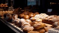 bread display in a bakery with a large selection of fresh fragrant bread, AI generated Royalty Free Stock Photo