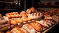 bread display in a bakery with a large selection of fresh fragrant bread, AI generated. Royalty Free Stock Photo