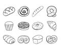 Bread, donut and croissant black and white outline sketch set.